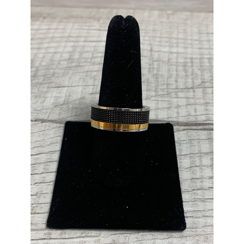 Mens Tri-Tone Stainless Steel Mesh Band Ring Silver Gold Black Size 10‎ 3337